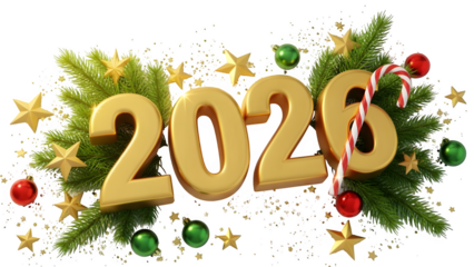 Golden 2026 new year festive decoration with christmas tree branches and celebratory elements