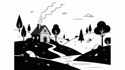 Rustic cabin nestled in a serene landscape with a winding path.