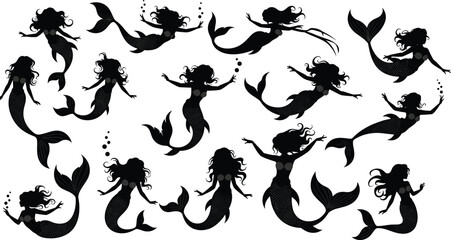 Mermaid silhouette illustration, fantasy sea creature, black mermaid art, underwater mythical design, ocean theme, swimming pose, bubbles © Md
