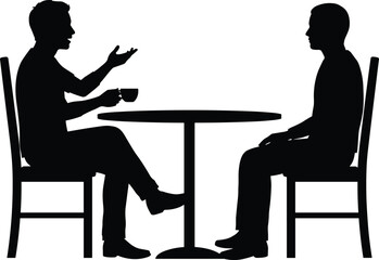 Silhouettes of two people talking at table, casual conversation scene, communication and interaction concept, black and white illustration