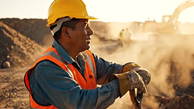 Construction worker taking a break on a construction site during sunset.