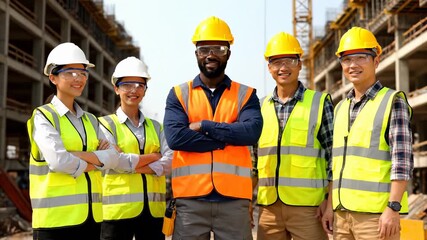 Construction team collaboration on site. Professionals discuss project plans under bright sun. Team shows confidence and unity during construction phase.