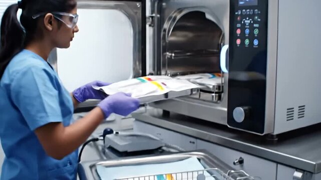 A medical professional carefully places wrapped sterile instruments into an autoclave for sterilization in a healthcare setting.
