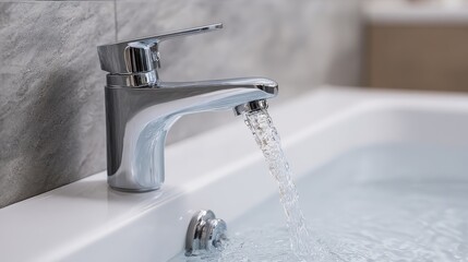 Close-up of a modern chrome faucet with flowing water in a white bathtub