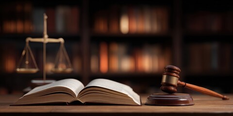 Vibrant photo of Scale of justice, gavel and open law book on wooden table in library background.