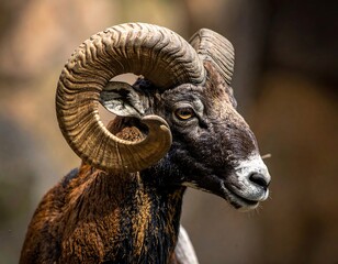 Close-up of a ram's head, showcasing impressive curled horns