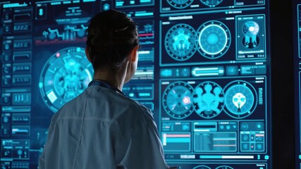 Telemedicine global health doctor examining digital display monitor screen interface for futuristic medical data analysis patient care analytics - Powered by Adobe