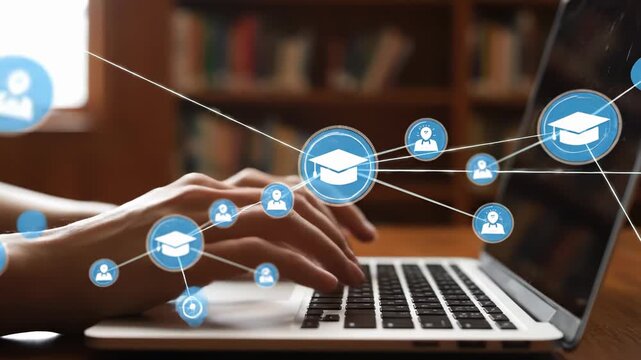 Online learning with laptop. Student engages in education through digital platform. Hands type on keyboard while icons represent knowledge sharing. Engaging atmosphere promotes collaborative learning.