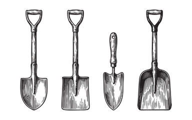 shovel spade, garden trowel, flat shovel, digging tool set engraving vector illustrations © trianatio