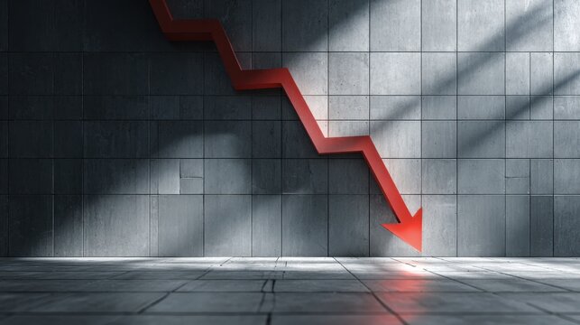 Red arrow pointing downwards against a gray tiled wall, symbolizing financial crisis and economic recession - Powered by Adobe