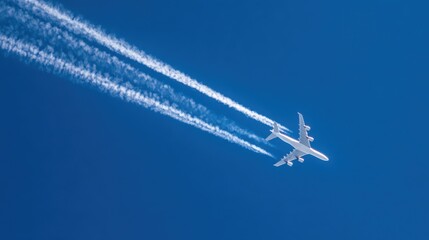 White four-engine passenger airplane flying at high altitude with long contrails in a clear blue sky