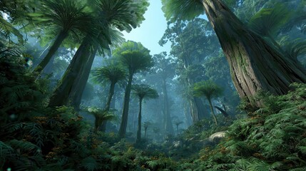 Lush prehistoric jungle landscape with giant tree ferns and sun rays filtering through the canopy