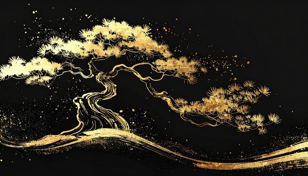 黒背景に輝く金の松 輪郭筆墨絵キラキラ和背景