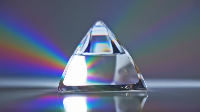 A clear, triangular prism refracts light, creating a rainbow effect, on a reflective surface