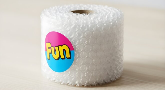 Roll of bubble wrap with a "Fun" sticker.