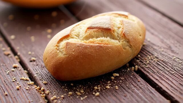 A golden-brown, crusty bread roll rests on a rustic wooden surface with scattered crumbs