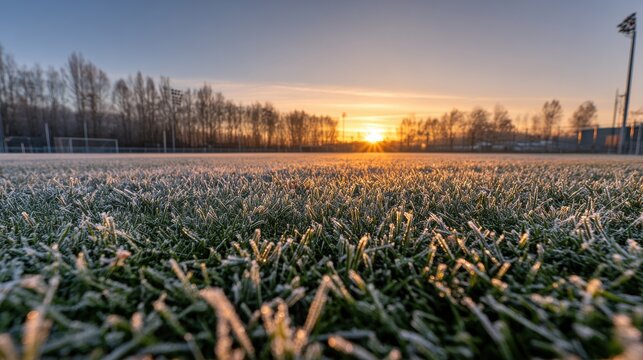 Frost covered grass on a sports field at sunrise during a cold winter morning