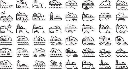 set of line icons of lighthouses and boats on sea and buildings on coastline