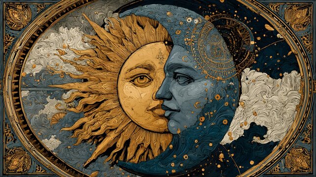 Intricate celestial medallion showing half sun and half moon in detailed vintage style.