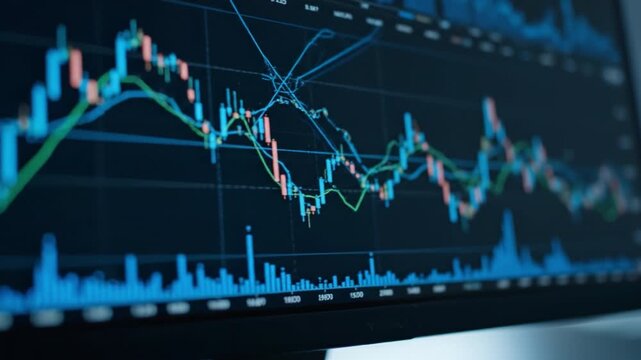 Stock market chart with colorful candlestick and line indicator showing trading volume and price trend. analytical financial graph visualization for investor decision making, monitor display with