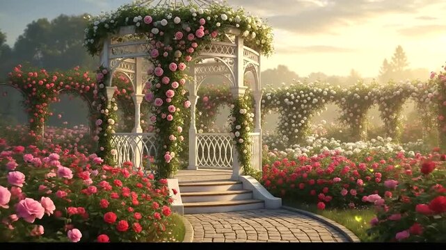 Romantic white gazebo surrounded by colorful roses in a garden at sunset.