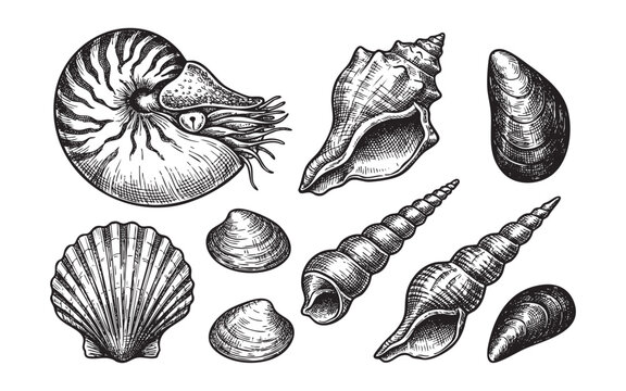 Seashells Vintage Engraving of Ocean Shells Set