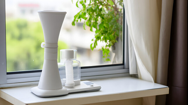 spirometer. Pulmonologist's office with a modern spirometer on counter, natural light, clinical setting. STEM education sheets.