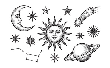 Celestial Bodies Hand Drawn Sun, Moon, and Stars Set © trianatio