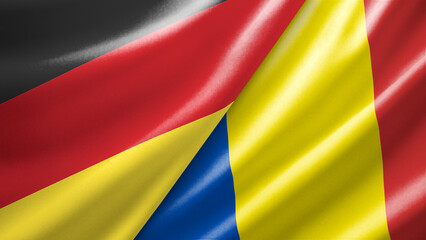Fototapeta premium Germany and Romania two national flags filling the entire frame, close-up view, edge-to-edge composition