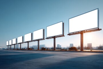 Row of empty white billboards receding into perspective along city road against clear blue sky outdoor. Advertising mockups on urban highway for marketing promotion and brand posters