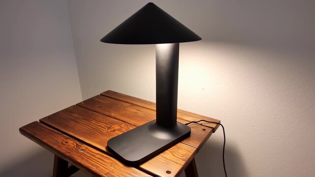 Modern black lamp with conical shade illuminates a rustic wooden table against a white wall