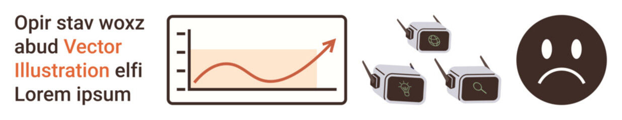Fototapeta premium Data analysis, growth tracking, video surveillance, security monitoring, privacy concerns, emotions in technology. Rising trend graph, security cameras and sad face icon. Data analysis and security