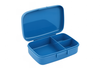 Blue plastic bento lunch box with compartments open