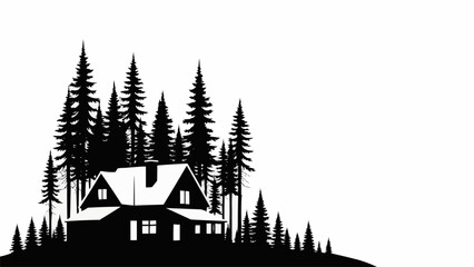 Silhouette of a house nestled among tall evergreen trees.