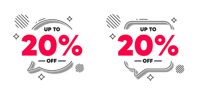 Discount tag chat speech bubble. Social media concept. Up to 20 percent off sale. Discount offer price sign. Special offer symbol. Save 20 percentages. Line design chat bubble. Vector
