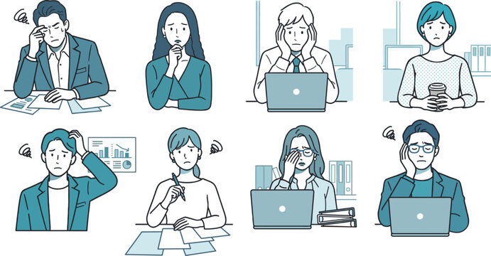 仕事に悩むビジネスパーソンの表情セット_トラブル・ストレス・困惑（AI作成）