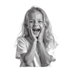 A joyful young girl with hands framing her face expressing happiness in a halftone style