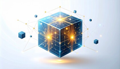 Glowing blue cube with yellow connections representing technology and innovation