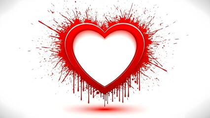 Striking crimson red heart frame design featuring aggressive paint splatter and dripping blood effect creating a grunge or dramatic Valentine's backdrop template with ample copy space perfect for roma