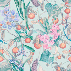 A tropical seamless pattern with orange fruits, orchid flowers, milkweed, and Lagerstroemia. Botanical wallpaper with exotic plants, hand-painted in watercolor.