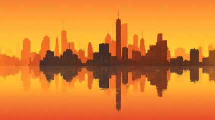 Obraz premium City skyline at sunset featuring modern high-rise buildings with glass facades reflecting on water, vibrant orange and yellow sky creating a dramatic urban landscape