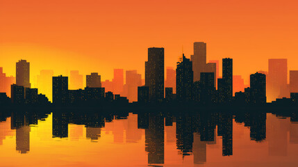 Fototapeta premium City skyline at sunset featuring modern high-rise buildings with reflective glass facades against a vibrant orange sky