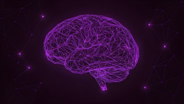 An abstract vector illustration of a human brain, depicted in a blue low-poly wireframe style on a dark background. This image symbolizes artificial intelligence, data processing, and the central poin - Powered by Adobe