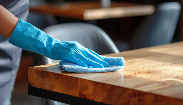 Cleaning service worker wearing blue gloves disinfecting and wiping a wooden table with a microfiber cloth in a modern indoor setting