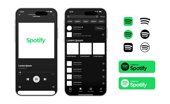 Spotify music streaming service mockup with music display theme, playlist interface, and playback screen design. Vector illustration for digital music platform sample UI.