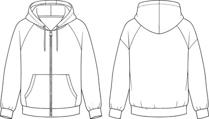 Fashion Technical Flat Sketch of a Men's Raglan Zip Up Hoodie Featuring Kangaroo Pockets Long Sleeves and Ribbed Trim Details © MDASIKUL