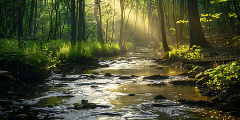Obraz premium Sunlit Forest Stream with Sparkling Water