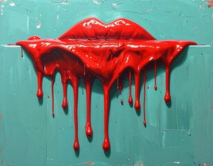 Vivid red lips with dripping paint effect against a turquoise surface