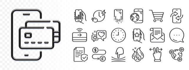 Certificate, Charging time and Elastic line icons for web app. Glare of light effect. Message icon. Pack of Mobile internet, Hot loan, Touchscreen gesture pictogram icons. Vector