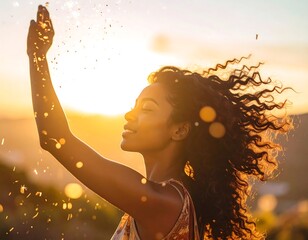 Woman enjoys sunlight, arm raised as sparkles float; happy face